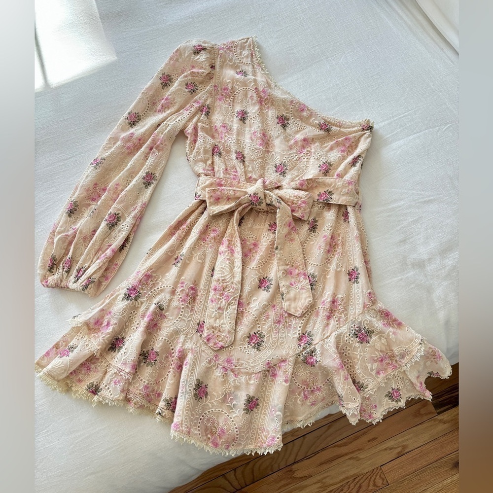 NWT Hemant & Nandita One Shoulder Embroidered Mini Dress Ivory Pink, L